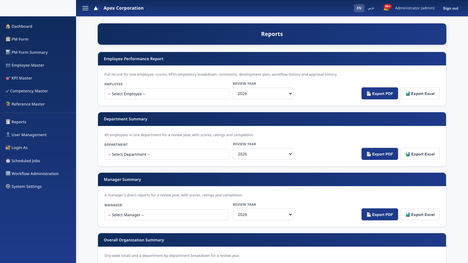 Reports page with PDF/Excel export